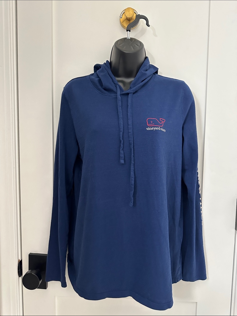 Vineyard Vines Navy Hooded Crewneck with Red Whale Emblem